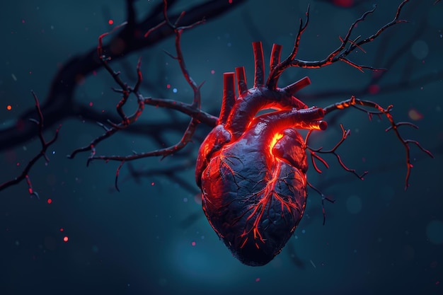 Foto cuore umano vene rosse luminose e rami di alberi neri a forma di un grande cuore nello stile iper realistico