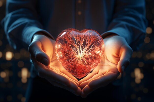 Human heart in the hands of a woman on a dark background