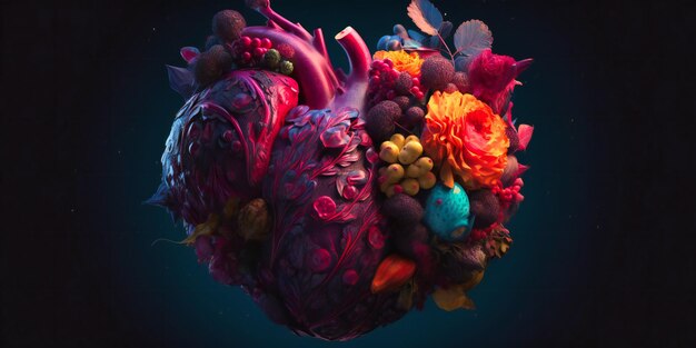 A human heart made of fruits vegetables herbs and other things