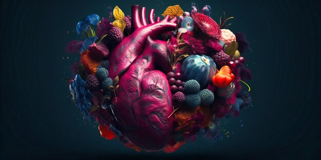 A human heart made of fruits vegetables herbs and other things