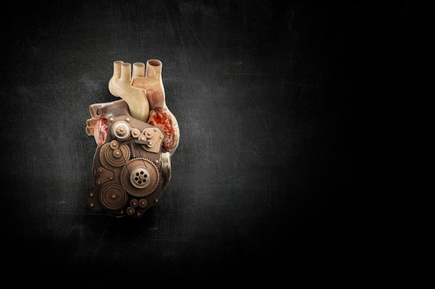 Human heart made of mechanisms and elements. Mixed media