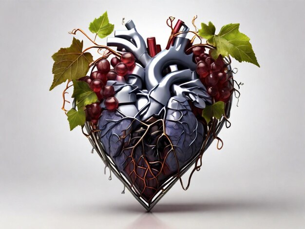 Human heart made with wine grapes vineyard branches and leaves wine liquid botanical on white