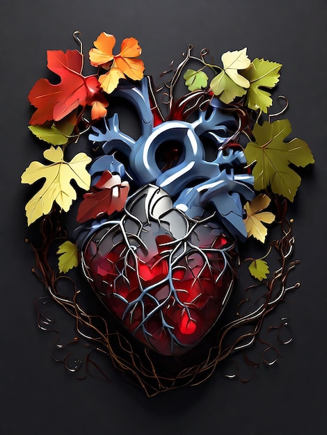 Human heart made with wine grapes vineyard branches