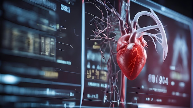 Foto cuore umano su sfondo medico rendering 3d immagine tonata doppia esposizione