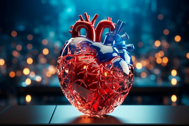 Модель человеческого сердца в стеклянной вазе на деревянном столе