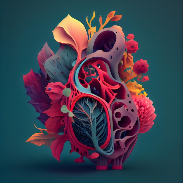 Human heart organ with colorful leaves and flowers 3d illustration