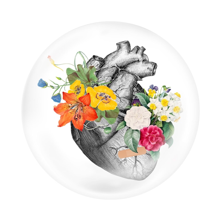 Photo human heart png sticker colorful flower collage in bubble transparent background remixed by rawpixel