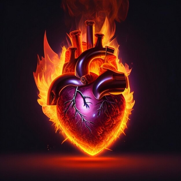 Human heart on red fire