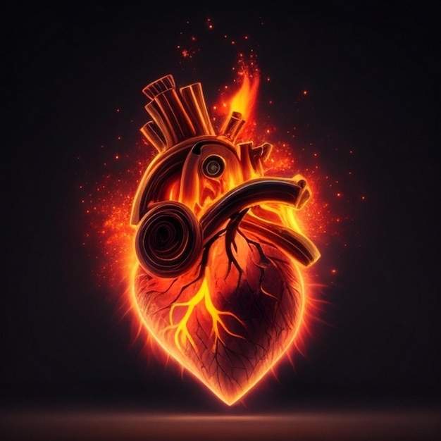Human heart on red fire