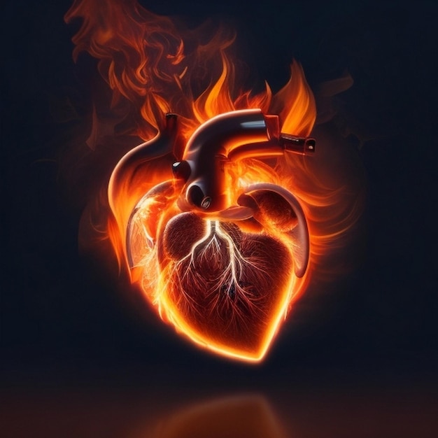 Human heart on red fire