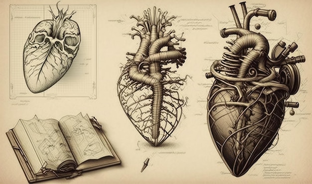 Photo human heart schematic in retro sketch style beautiful colorful illustration vector generative ai