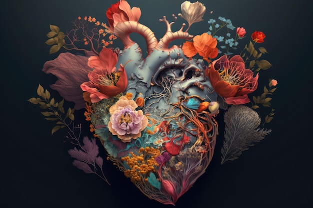 Human heart surrounded by blooming flower symbolizing the beauty and fragility of life