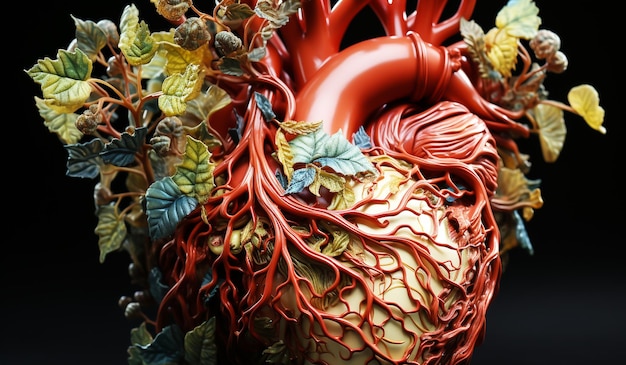 Foto cuore umano circondato da foglie e rami generati dall'ia
