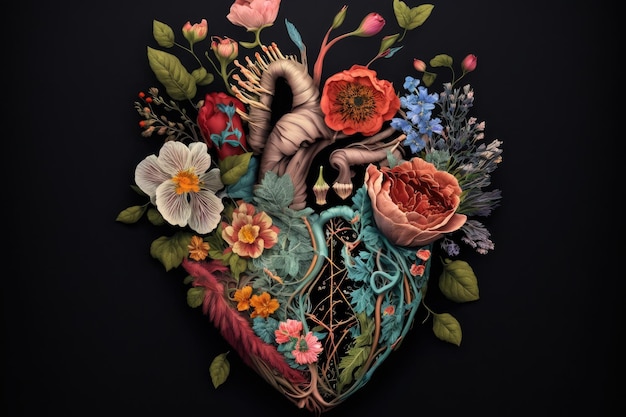 Human heart with flowers as symbol of love and life