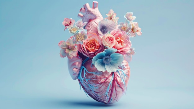 Человеческое сердце с цветами на синем фоне