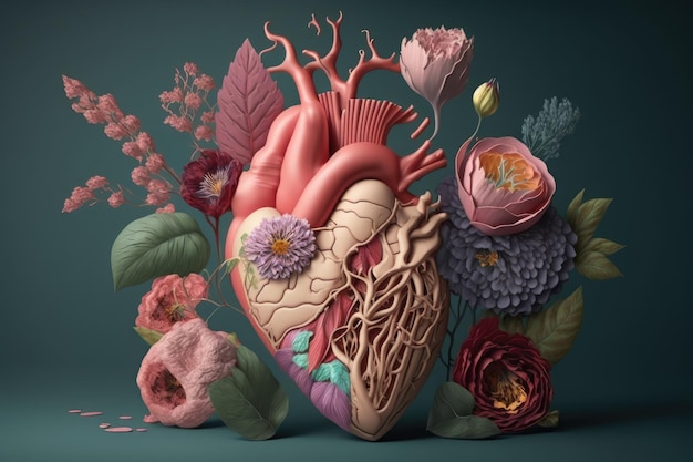 Human heart with flowers in figure of pink beating human heart