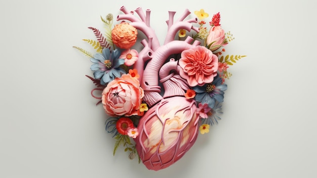 白い背景に花と葉を持つ人間の心医療のデザインのための色の創造的なイラストビジュアル