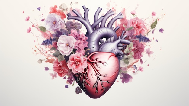 Human heart with flowers and leaves on white background Colored creative illustration Visual for design of medical