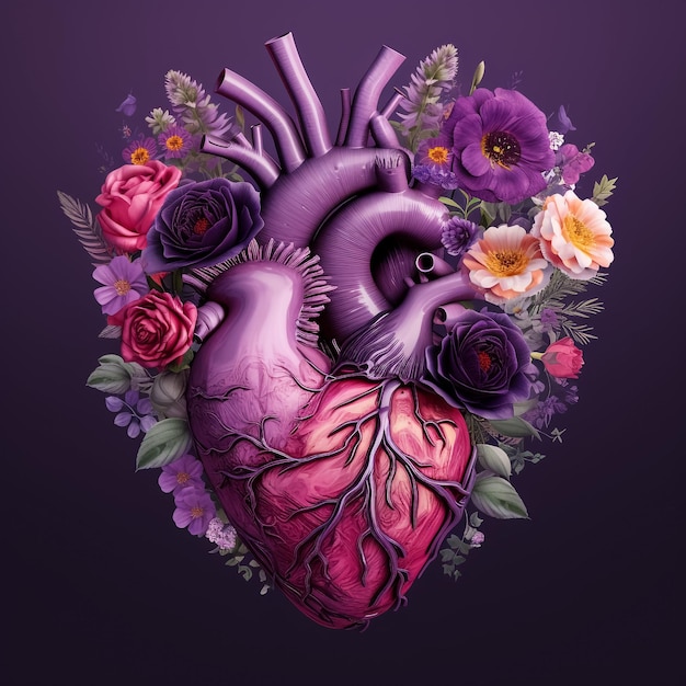 Human heart with flowers on light background illustration