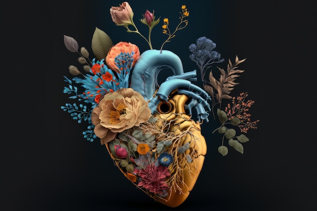 Human heart with flowers love compet generative by AI