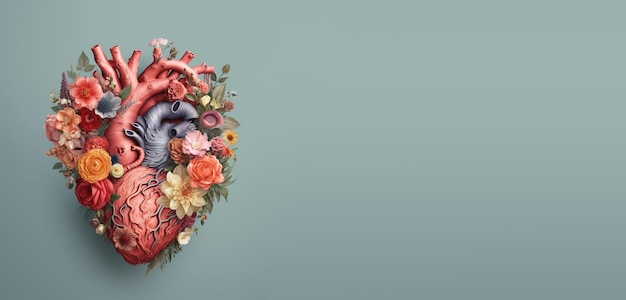 Human heart with flowers love and emotion concept good hearted person help and charity