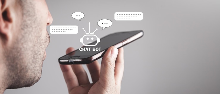 Photo human holding smartphone with chat bot application for online information artificial intelligence concept