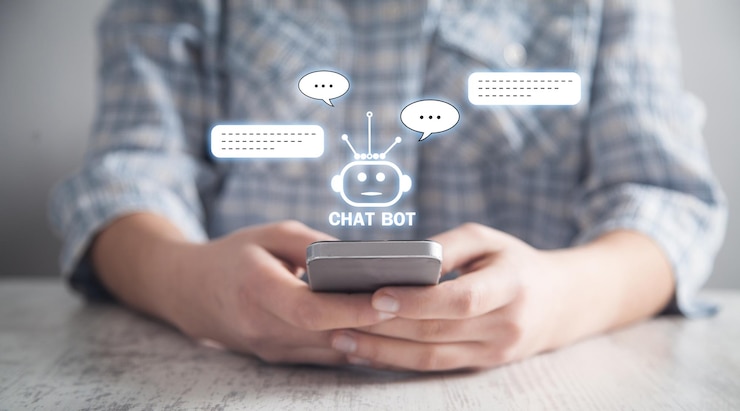 Photo human holding smartphone with chat bot application for online information artificial intelligence concept