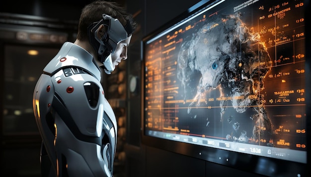 Human hybrid cyborg standing in front of a mass data