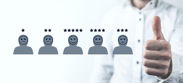 Photo human icons with positive and sad face stars customer evaluation and satisfaction