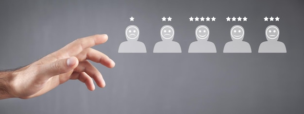 human icons with positive and sad face stars customer evaluation and satisfaction