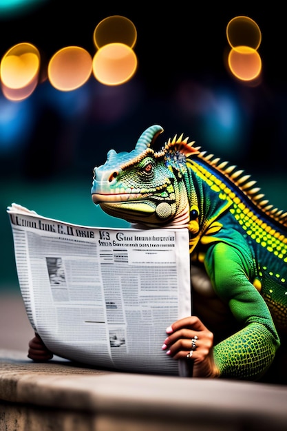 Human iguana hybrid reading newspaper in rio with Generative by Ai