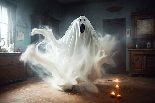 写真 夜に古い家や森の中を飛ぶ不気味な幽霊の衣装を着た人間 ハロウィーンのコンセプト