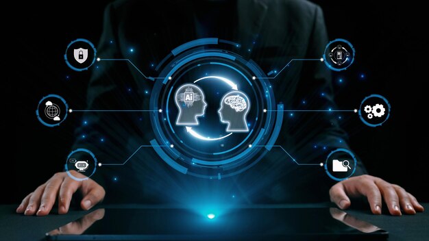 Premium Photo | Human interact with AI artificial intelligence brain  process generative AI UUID