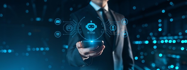 인공지능 (AI) 의 개념에서 인간과 상호 작용하는 가상 어시스턴트 채팅 