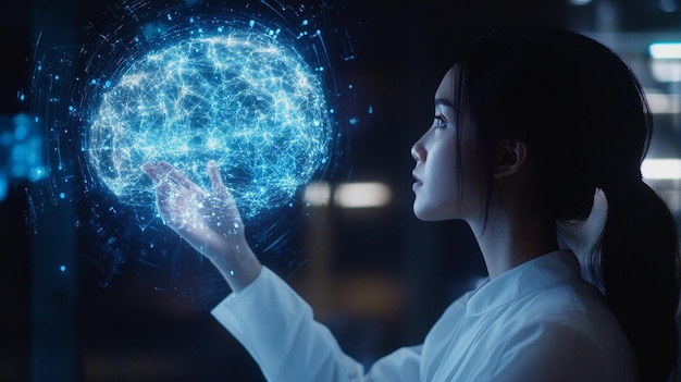 인공지능 (AI) 의 개념에서 인간과 상호 작용하는 인공 지능 뇌 프로세서 (AI) 빅 데이터 및 AI 머신러닝을 개발하여 비즈니스 지원을 위해 생성 AI를 사용합니다.