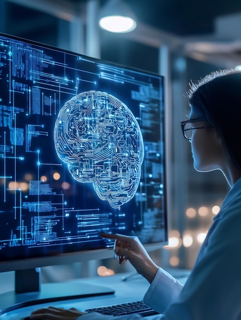 Человек взаимодействует с искусственным интеллектом, мозговым процессором в концепции искусственного интеллекта, инженерией больших данных и машинным обучением, чтобы использовать генеративный искусственный интеллект для поддержки бизнеса.
