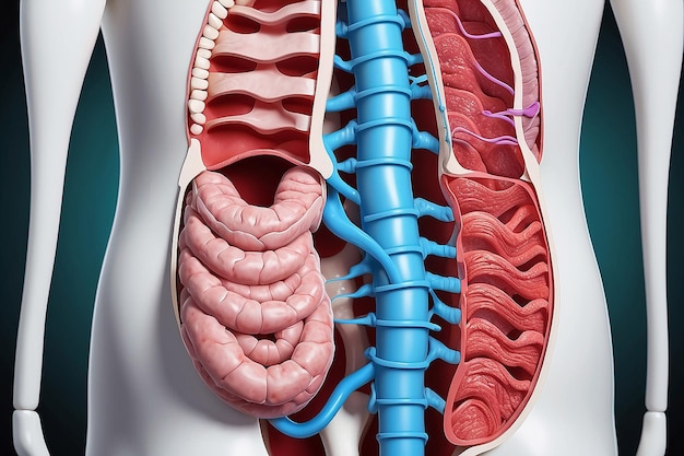 Human internal organs intestine on the background of human silhouette anatomy medicine