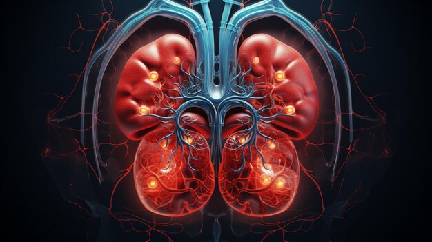 Human kidney anatomy on dark background AIgenerated