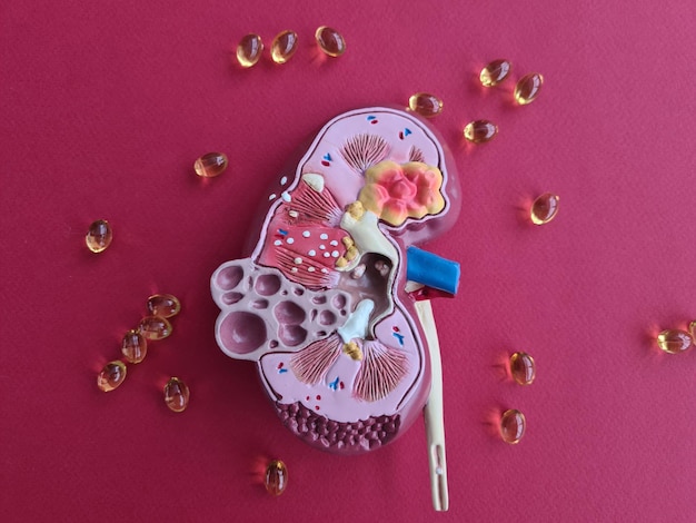 Photo human kidney model with pills and omega 3