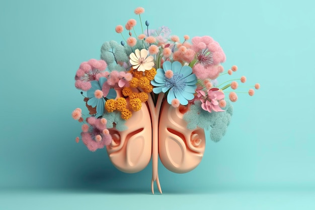 青い背景にパステルカラーの花を持つ人間の腎臓3DレンダリングとイラストはAIを生成します