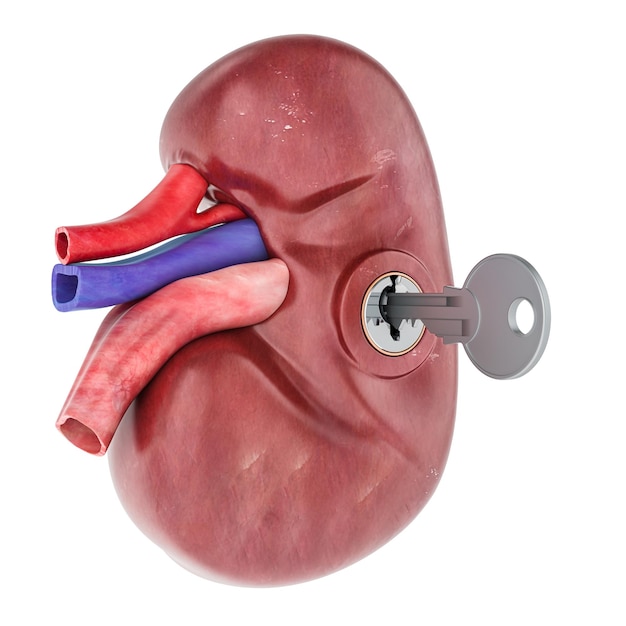 Human kidney with key Research and diagnosis concept 3D rendering