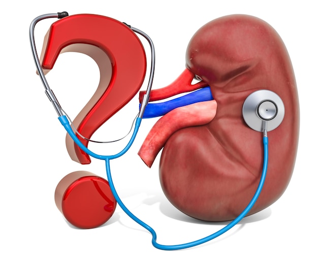 Human kidney with question mark and stethoscope Diagnosis and treatment of kidneys disease concept 3D rendering