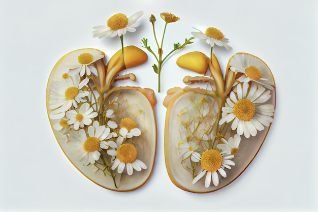 Human kidneys made from daisies set against a white background Concept of kidney health benefits