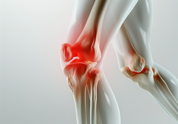 Human knee joint showing areas of pain and inflammation for medical use