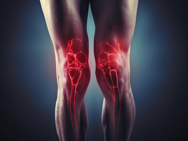 Photo human knee joint with painful rheumatoid arthritis disease area glowing red generative ai