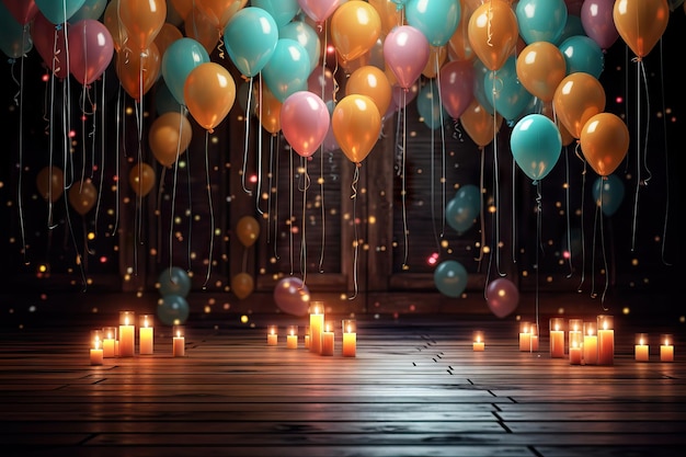 Photo human left hand holding a group of colorful airballoons over dark wooden floor background afterparty selective focus ai generated image