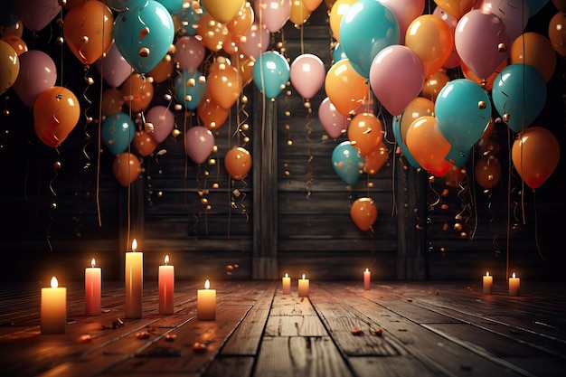 Human left hand holding a group of colorful airballoons over dark wooden floor background afterparty selective focus AI generated image