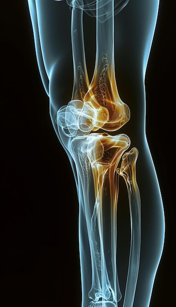 Human leg xray and knee on black background with glow of bone for exam and d anatomy in healthcare