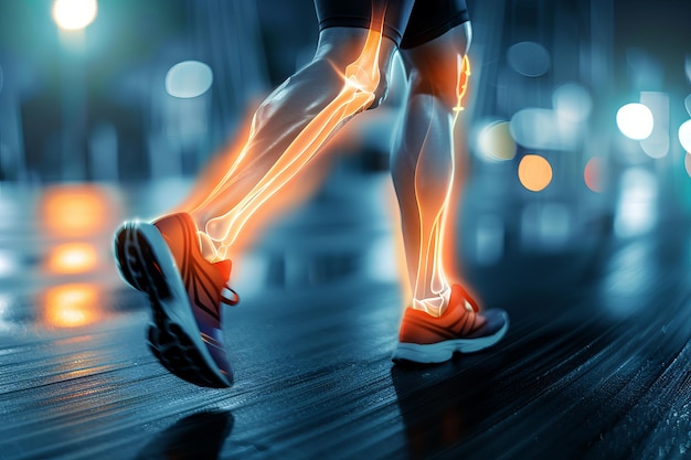 Human Legs with Highlighted with Bones and Joints Bone Structure During Running