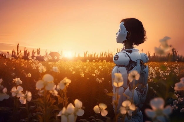 Human like child robot concept in summer flower field super realistic sun light Ai generated